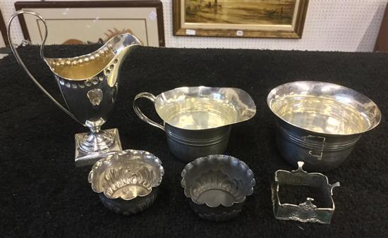 2 x silver cream jugs, 2 x salts, a salt stand and a sugar bowl